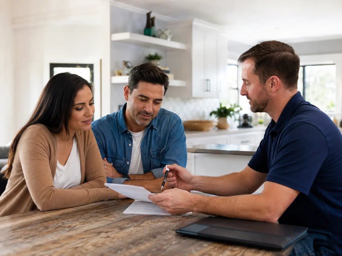 Team member helping homeowners review service options and scheduling