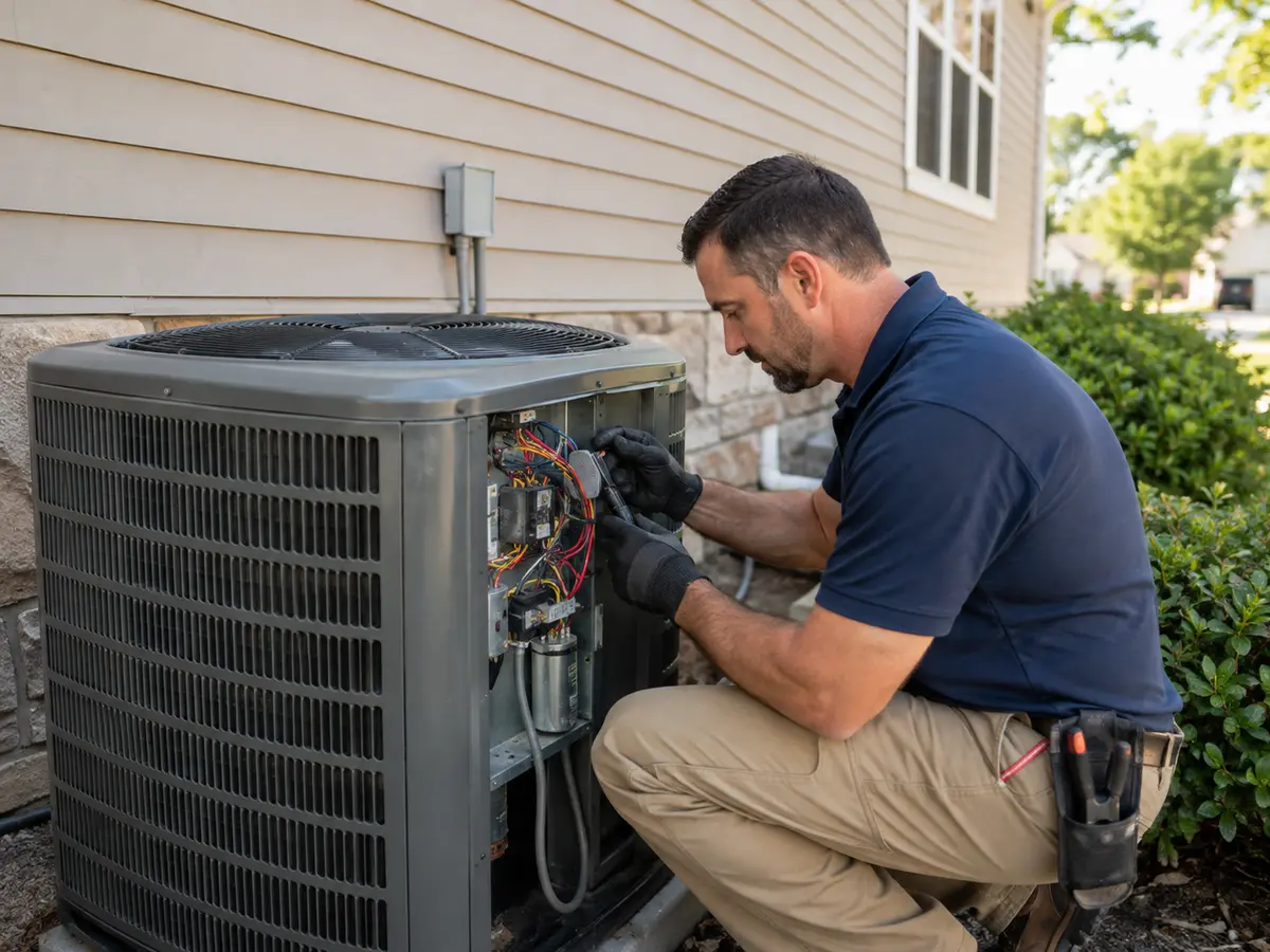 Residential HVAC installer servicing an outdoor air conditioning unit