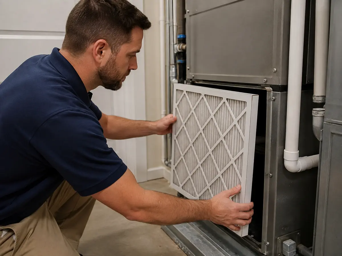 HVAC service technician diagnosing a furnace in a basement mechanical room