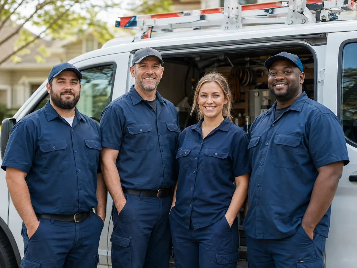 HVAC team members standing together beside a work van