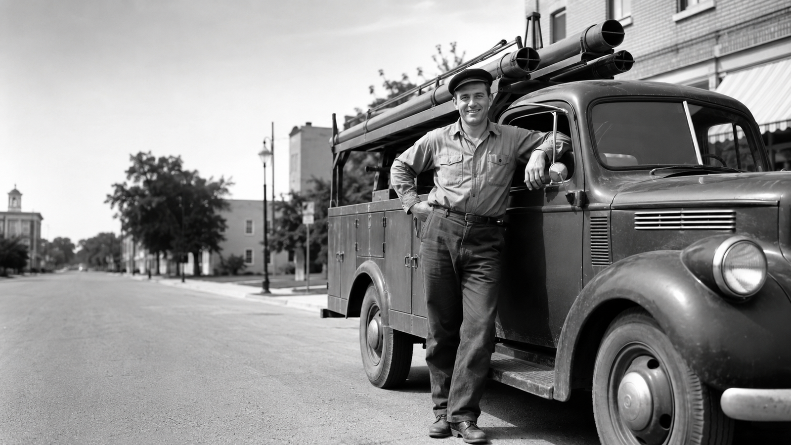 1940s heating and cooling contractor beside a vintage service truck