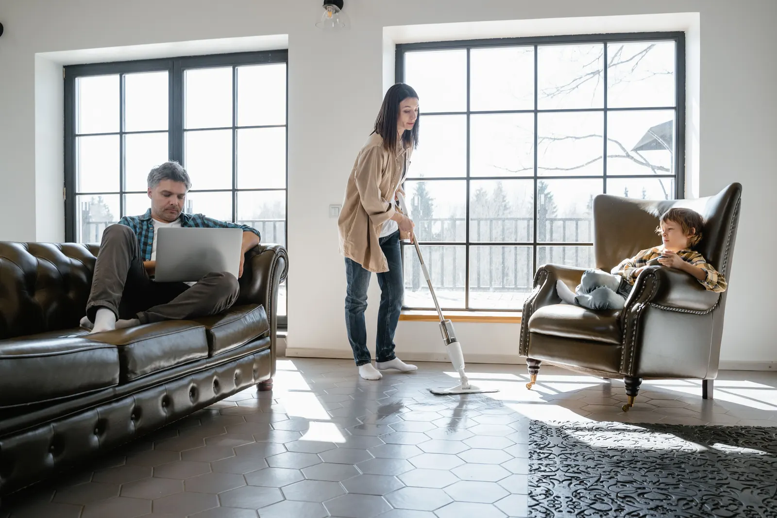 Family living comfortably in a bright well-conditioned home