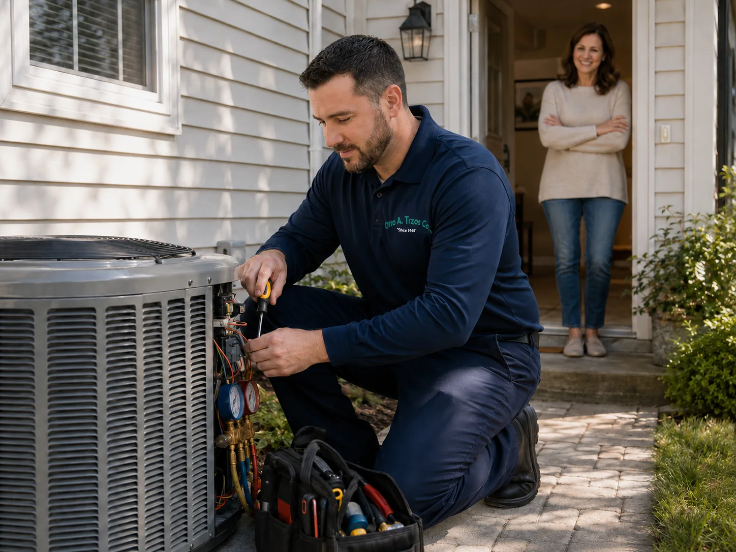 Otto A. Trzos technician diagnosing an outdoor residential air conditioning unit