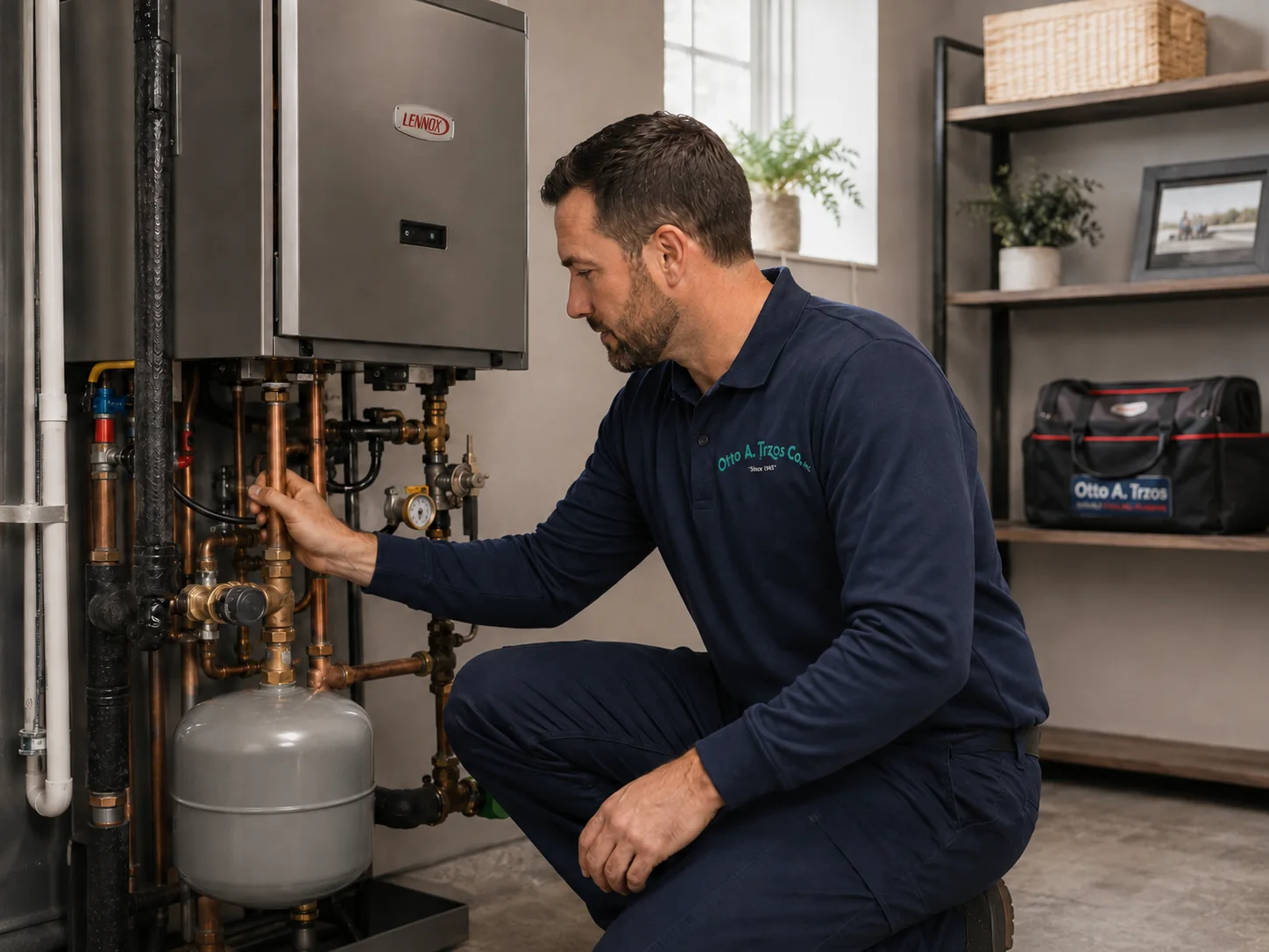 Otto A. Trzos technician inspecting a residential boiler and copper piping