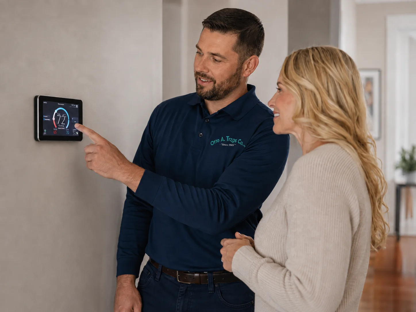 Otto A. Trzos technician explaining a smart thermostat to a homeowner