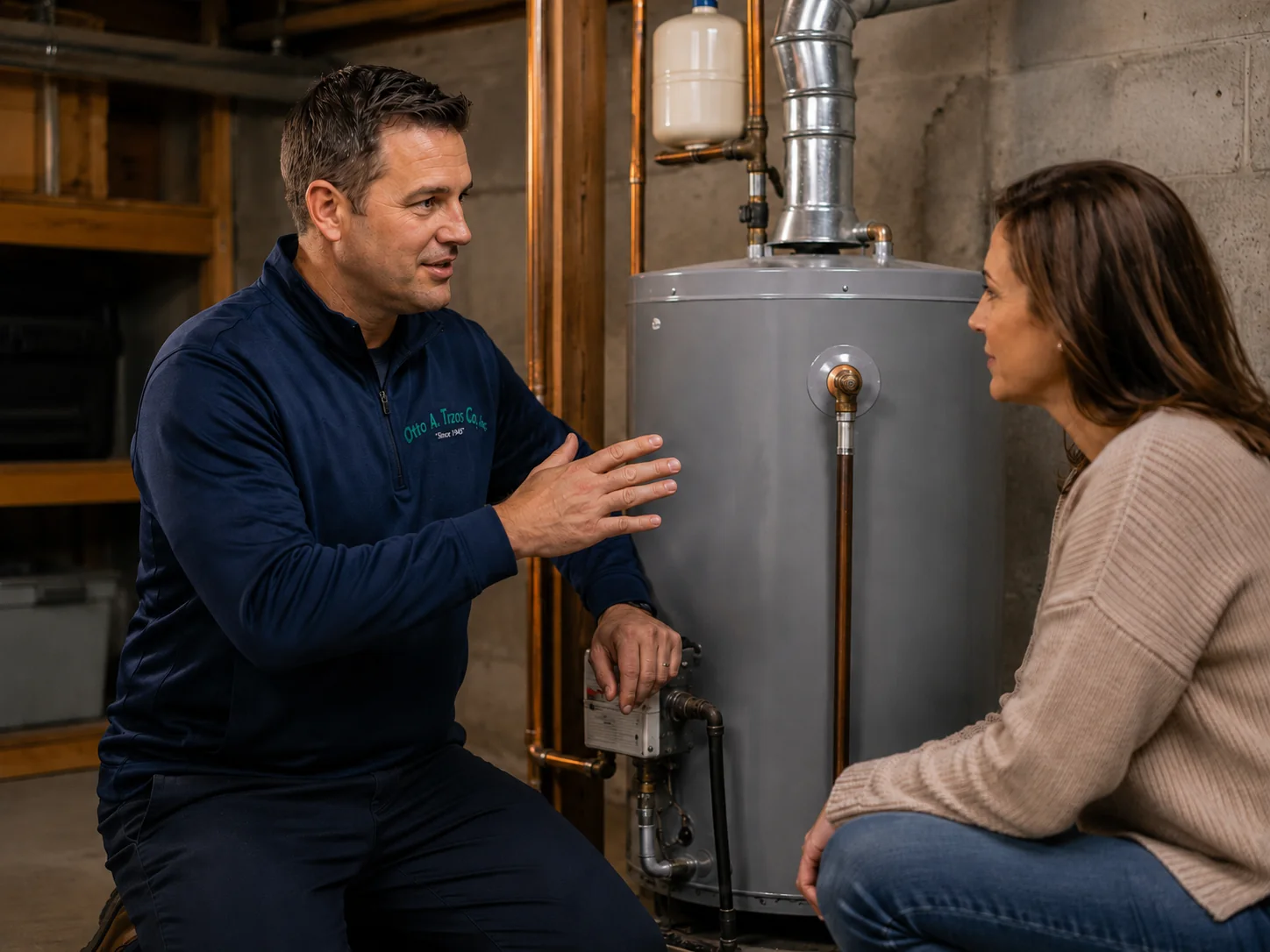Otto A. Trzos technician explaining residential water heater service to a homeowner