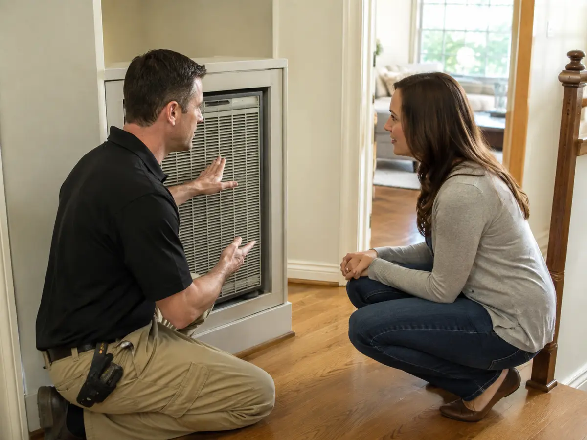 HVAC professional reviewing whole-home air filtration with a homeowner