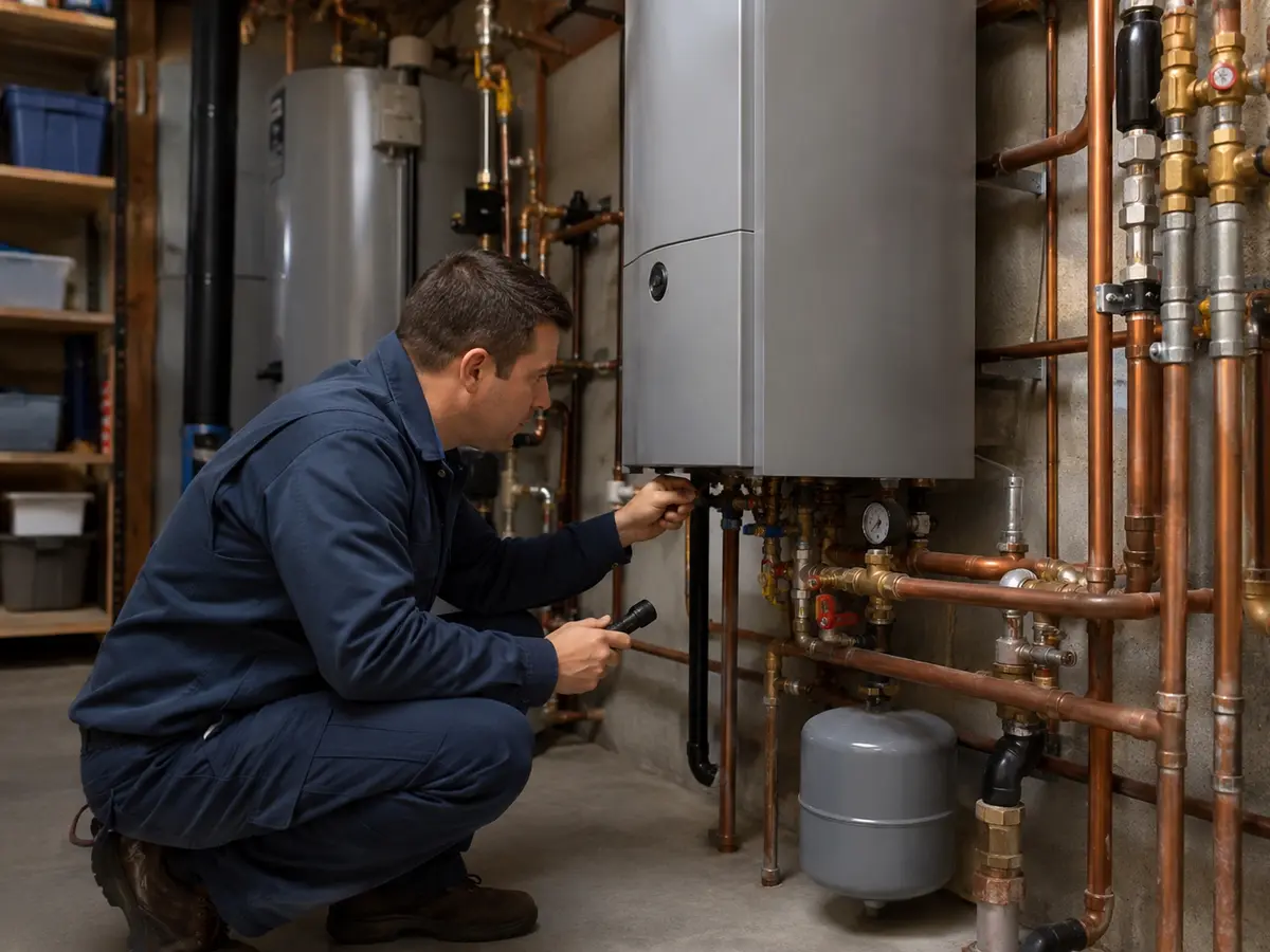 Technician inspecting a residential boiler with copper piping