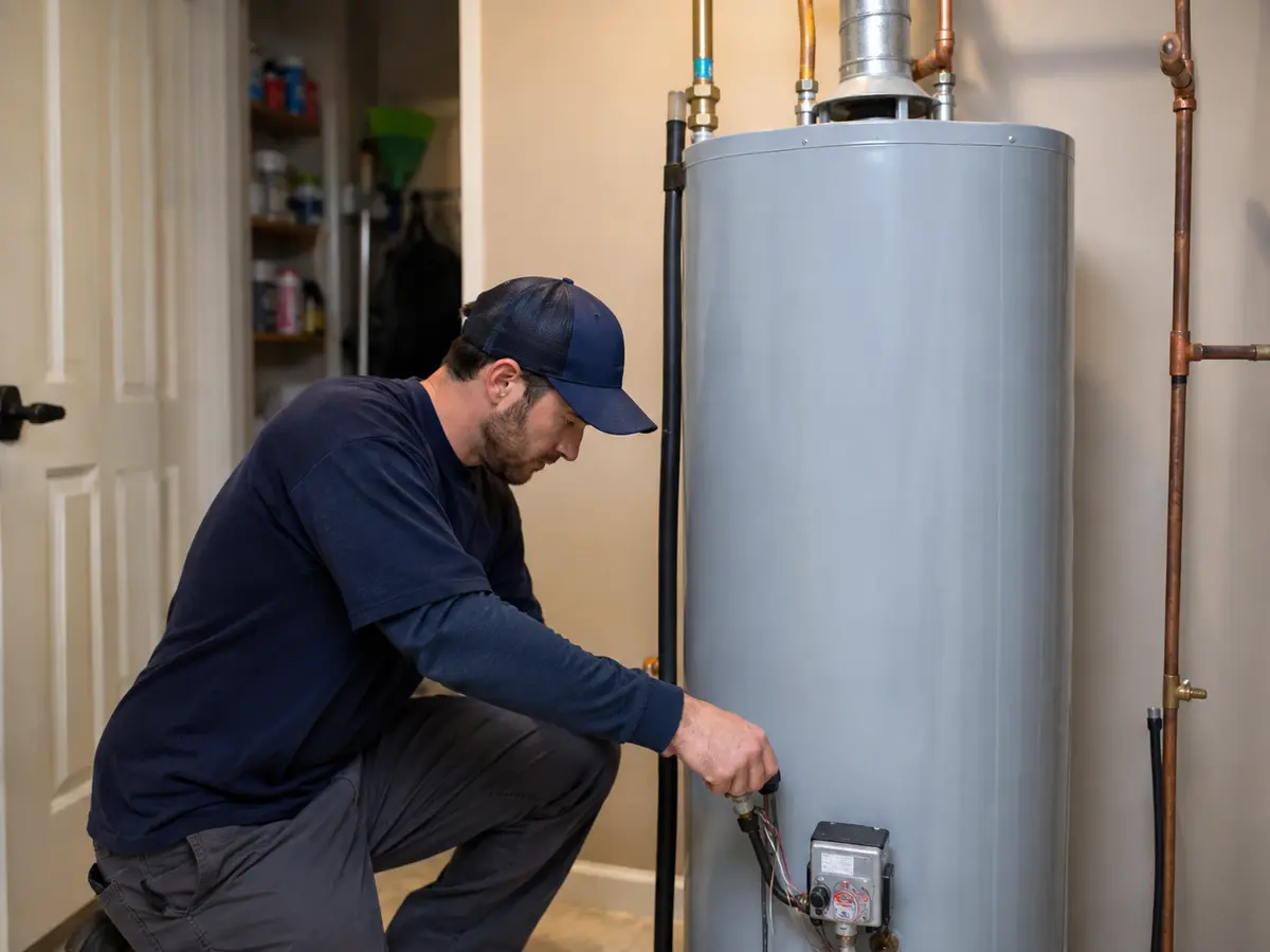 Technician servicing a residential water heater